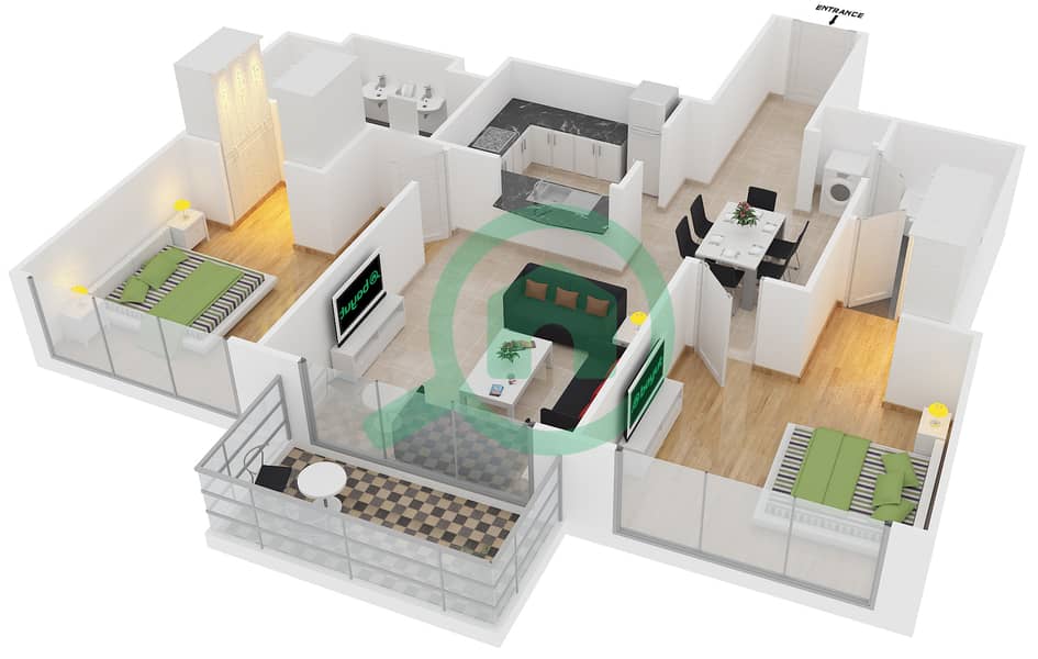 驻足1号大厦 - 2 卧室公寓套房10 FLOOR 24-25戶型图 interactive3D