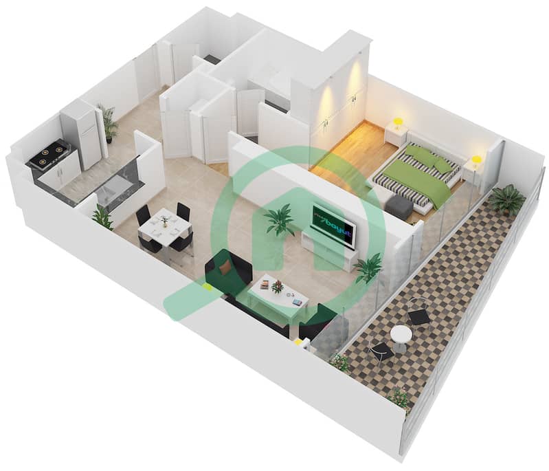 Арпи Хайтс - Апартамент 1 Спальня планировка Единица измерения 4 FLOOR 8-23 interactive3D