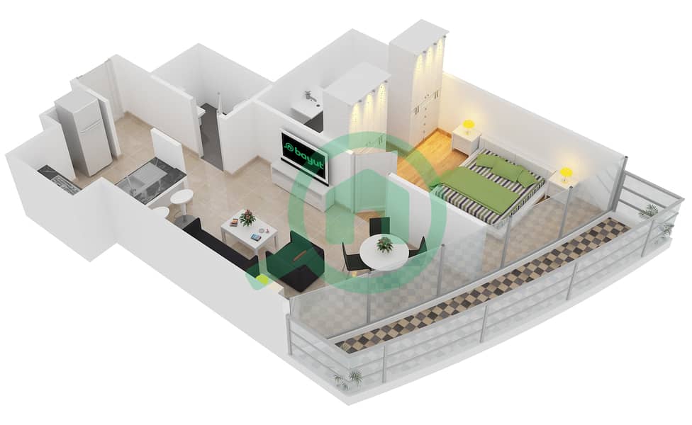 المخططات الطابقية لتصميم الوحدة 1 شقة 1 غرفة نوم - ذا ديستنكشن interactive3D