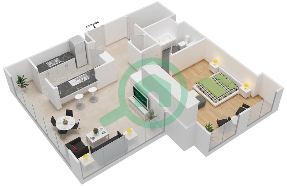 المخططات الطابقية لتصميم التصميم 01 FLOOR 1 شقة 1 غرفة نوم - أبراج ساوث ريدج 2 interactive3D