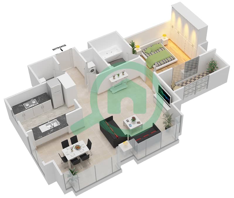 المخططات الطابقية لتصميم التصميم 04 FLOOR 32 شقة 1 غرفة نوم - أبراج ساوث ريدج 2 interactive3D