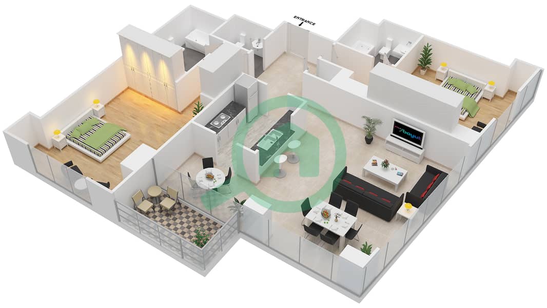 Саут Ридж 2 - Апартамент 2 Cпальни планировка Гарнитур, анфилиада комнат, апартаменты, подходящий 01 FLOOR 3-31 interactive3D