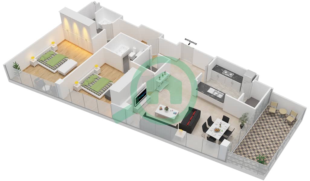 المخططات الطابقية لتصميم التصميم 02 FLOOR 32 شقة 2 غرفة نوم - أبراج ساوث ريدج 2 interactive3D