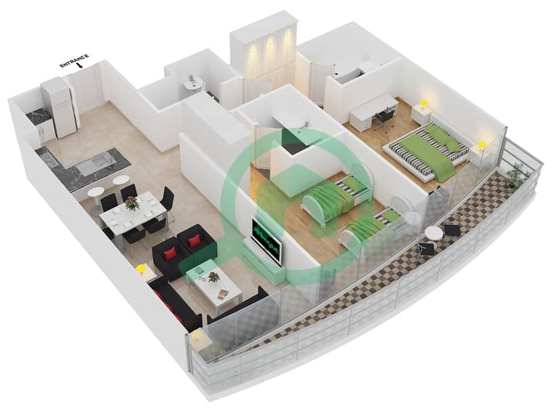 المخططات الطابقية لتصميم الوحدة 5 FLOOR 48 شقة 2 غرفة نوم - ذا ديستنكشن interactive3D