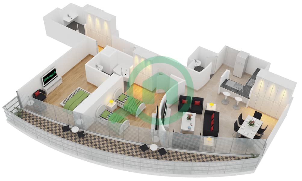 المخططات الطابقية لتصميم الوحدة 7 FLOOR 27-30 شقة 2 غرفة نوم - ذا ديستنكشن interactive3D