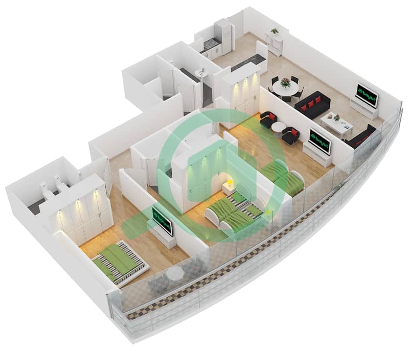 المخططات الطابقية لتصميم الوحدة 2 FLOOR 47 شقة 3 غرف نوم - ذا ديستنكشن interactive3D