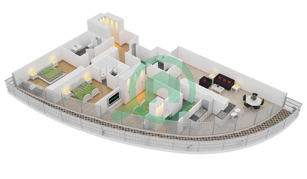 المخططات الطابقية لتصميم الوحدة 3 FLOOR 8 شقة 3 غرف نوم - ذا ديستنكشن interactive3D