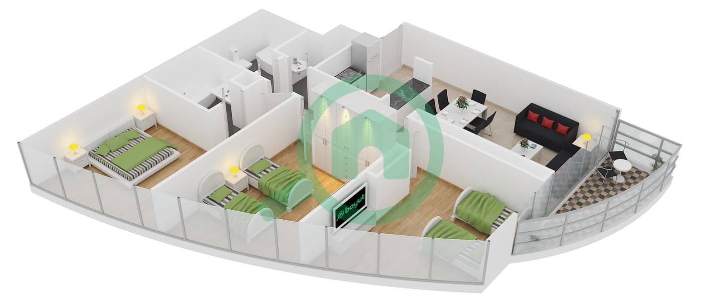 Дистинкшн - Апартамент 3 Cпальни планировка Единица измерения 3 FLOOR 47 interactive3D