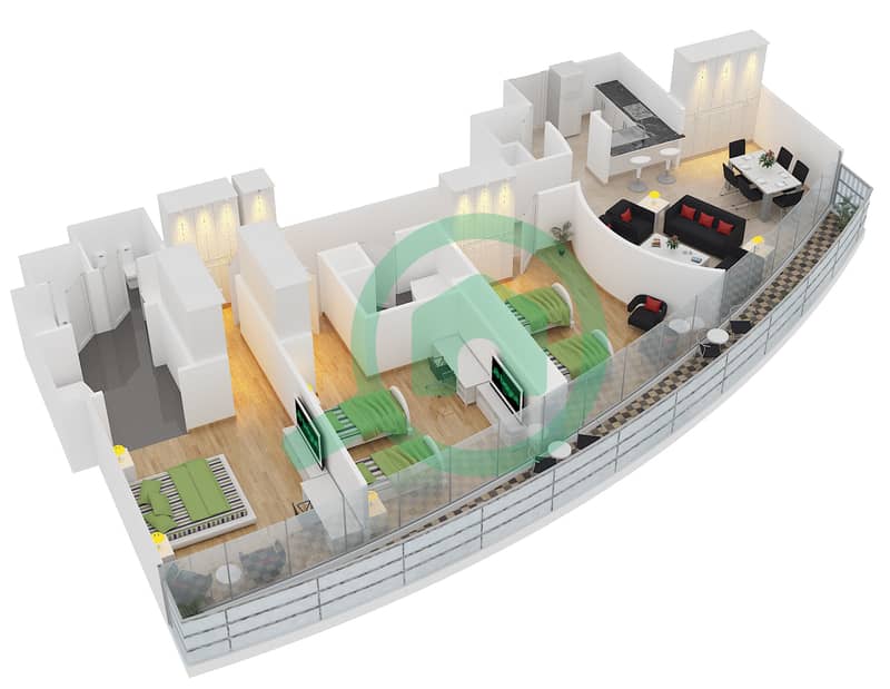 المخططات الطابقية لتصميم الوحدة 6 FLOOR 47 شقة 3 غرف نوم - ذا ديستنكشن interactive3D