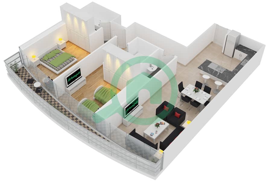 المخططات الطابقية لتصميم الوحدة 2 FLOOR 7-24,26-46,48,49 شقة 2 غرفة نوم - ذا ديستنكشن interactive3D