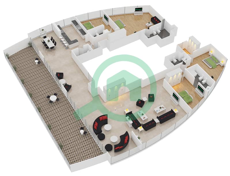 绝佳酒店式公寓 - 4 卧室顶楼公寓单位1戶型图 interactive3D