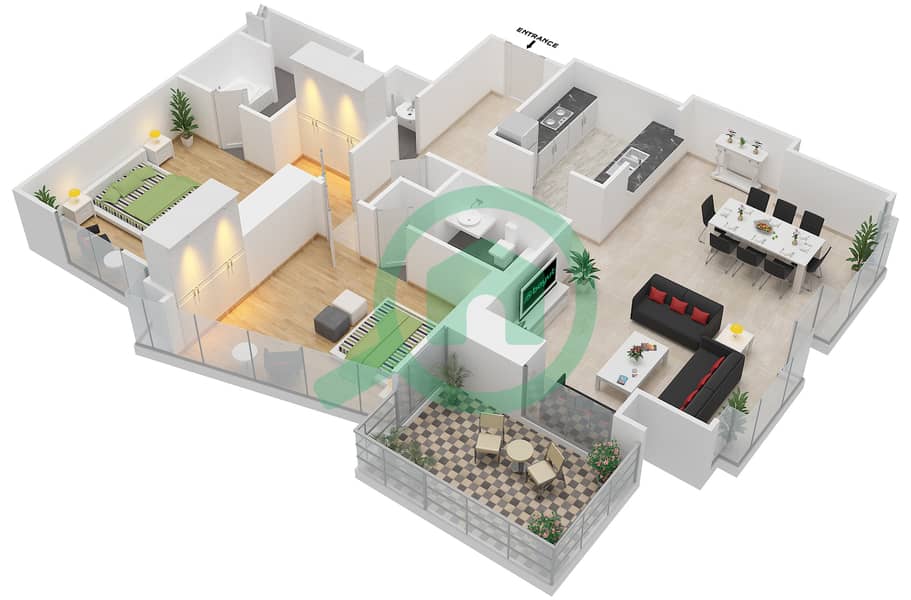المخططات الطابقية لتصميم التصميم 01 FLOOR 4-37 شقة 2 غرفة نوم - أبراج ساوث ريدج 6 interactive3D