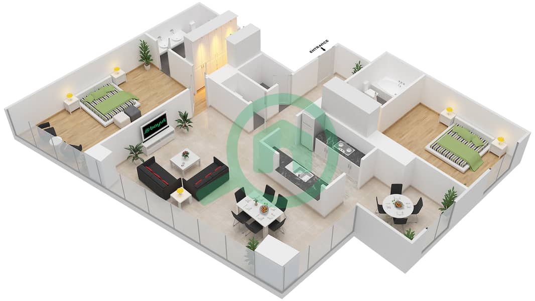 المخططات الطابقية لتصميم التصميم 03 FLOOR 2 شقة 2 غرفة نوم - أبراج ساوث ريدج 6 interactive3D