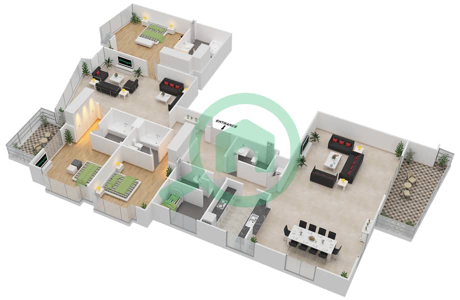 南岭6号大厦 - 3 卧室公寓套房01 FLOOR 38戶型图 interactive3D