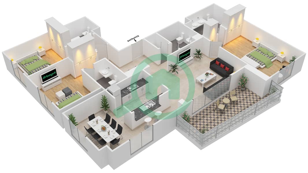 المخططات الطابقية لتصميم التصميم 2 FLOOR 38 شقة 3 غرف نوم - أبراج ساوث ريدج 6 interactive3D