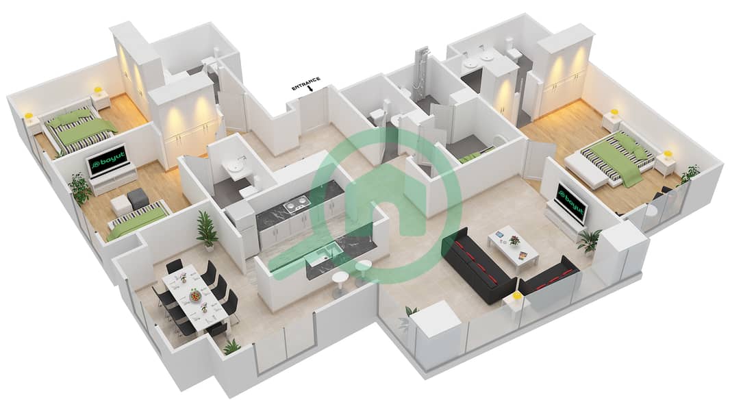 المخططات الطابقية لتصميم التصميم 02 FLOOR 2 شقة 3 غرف نوم - أبراج ساوث ريدج 6 interactive3D