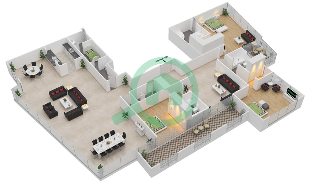 المخططات الطابقية لتصميم التصميم 02 FLOOR 38 شقة 3 غرف نوم - أبراج ساوث ريدج 6 interactive3D