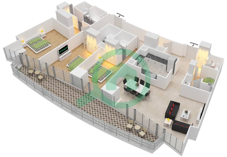 المخططات الطابقية لتصميم الوحدة 3 / FLOOR 44-46 شقة 3 غرف نوم - العنوان ريزدينسز سكاي فيو 1 Floor 44-46 interactive3D