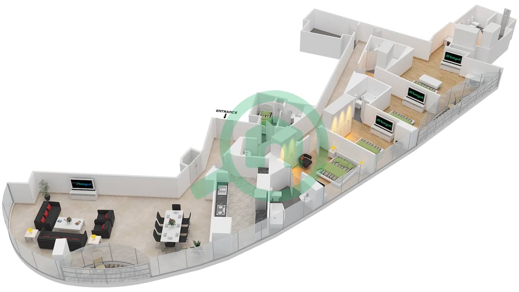 المخططات الطابقية لتصميم الوحدة 1 / FLOOR 44-46 شقة 4 غرف نوم - العنوان ريزدينسز سكاي فيو 1 Floor 44-46 interactive3D