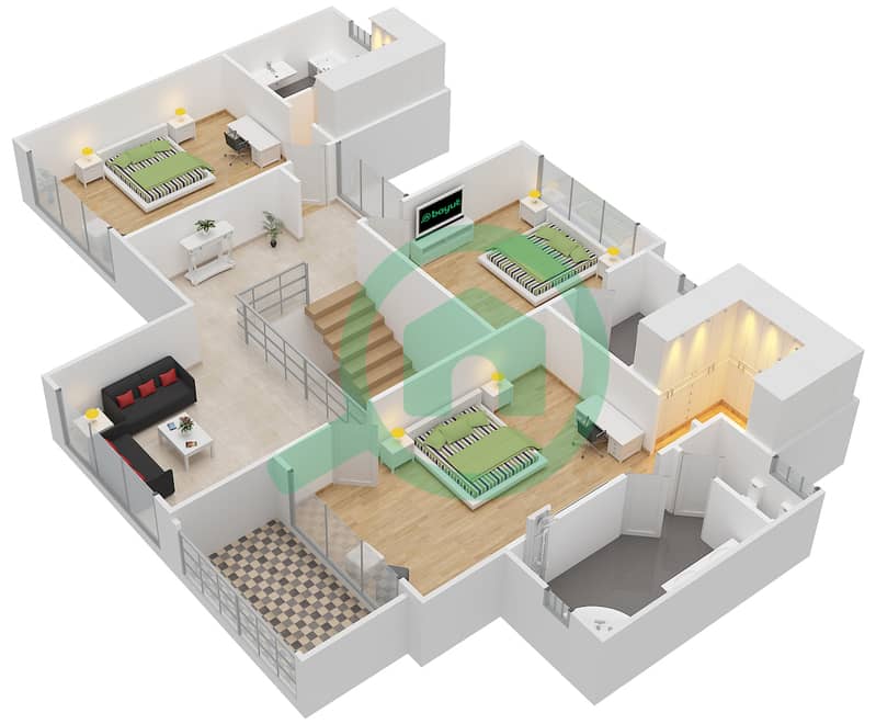 المخططات الطابقية لتصميم النموذج A فیلا 3 غرف نوم - كانال كوف سعفة N interactive3D