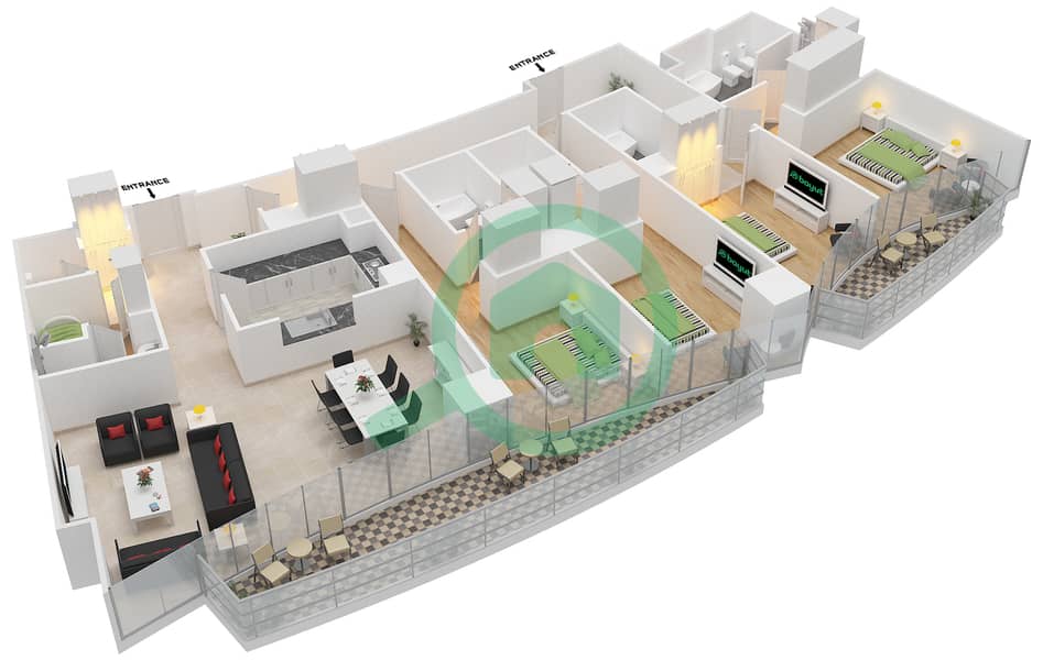 المخططات الطابقية لتصميم الوحدة 2 / FLOOR 44-46 شقة 4 غرف نوم - العنوان ريزدينسز سكاي فيو 1 Floor 44-46 interactive3D