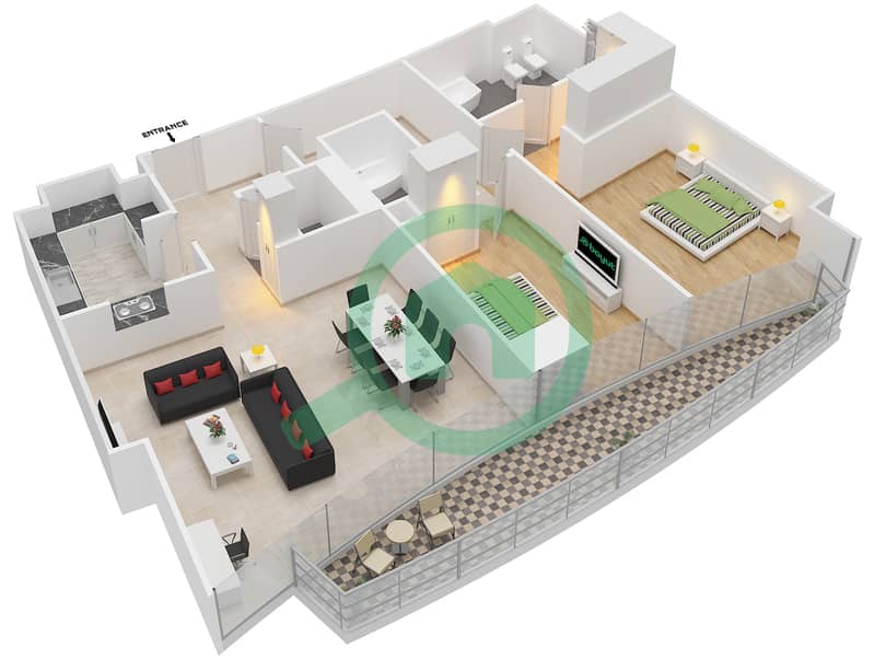 المخططات الطابقية لتصميم الوحدة 3 / FLOOR 17-43 شقة 2 غرفة نوم - العنوان ريزدينسز سكاي فيو 2 Floor 17-43 interactive3D