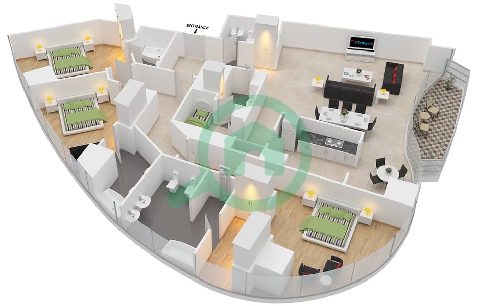 المخططات الطابقية لتصميم الوحدة 2 شقة 3 غرف نوم - العنوان ريزدينسز سكاي فيو 2 interactive3D