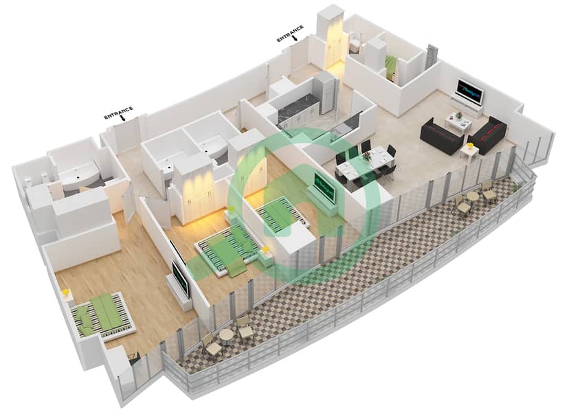 المخططات الطابقية لتصميم الوحدة 4 / FLOOR 17-43 شقة 3 غرف نوم - العنوان ريزدينسز سكاي فيو 2 Floor 17-43 interactive3D