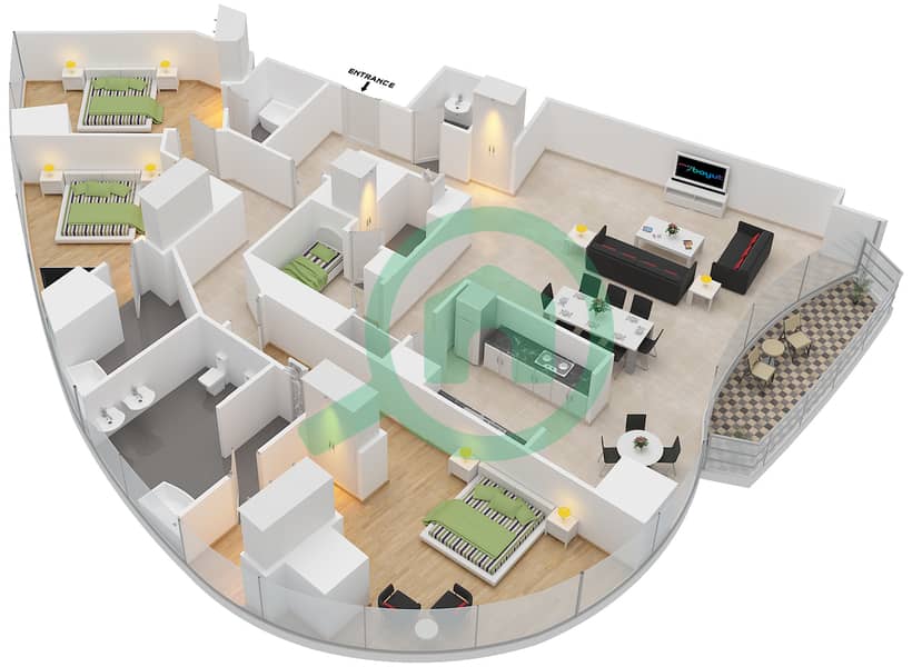 The Address Sky View Tower 2 - 3 Bedroom Apartment Unit 6 / FLOOR 17-43 Floor plan Floor 17-43 interactive3D