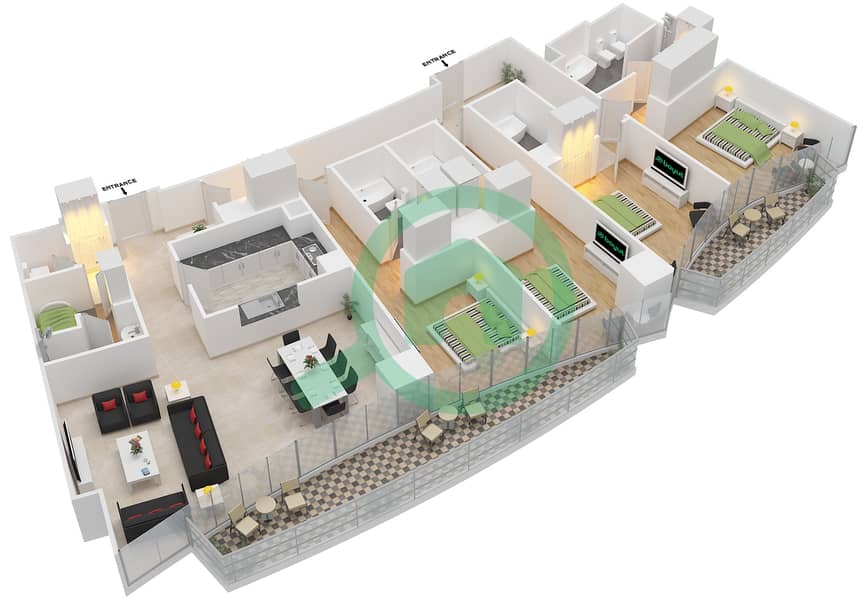 المخططات الطابقية لتصميم الوحدة 4 شقة 4 غرف نوم - العنوان ريزدينسز سكاي فيو 2 interactive3D