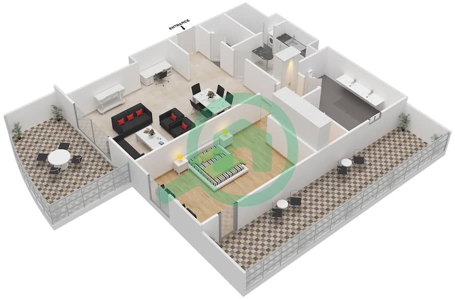 المخططات الطابقية لتصميم النموذج H شقة 1 غرفة نوم - أمبر interactive3D
