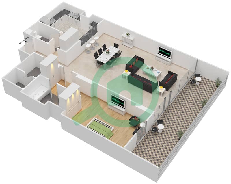 المخططات الطابقية لتصميم النموذج J شقة 1 غرفة نوم - أمبر interactive3D