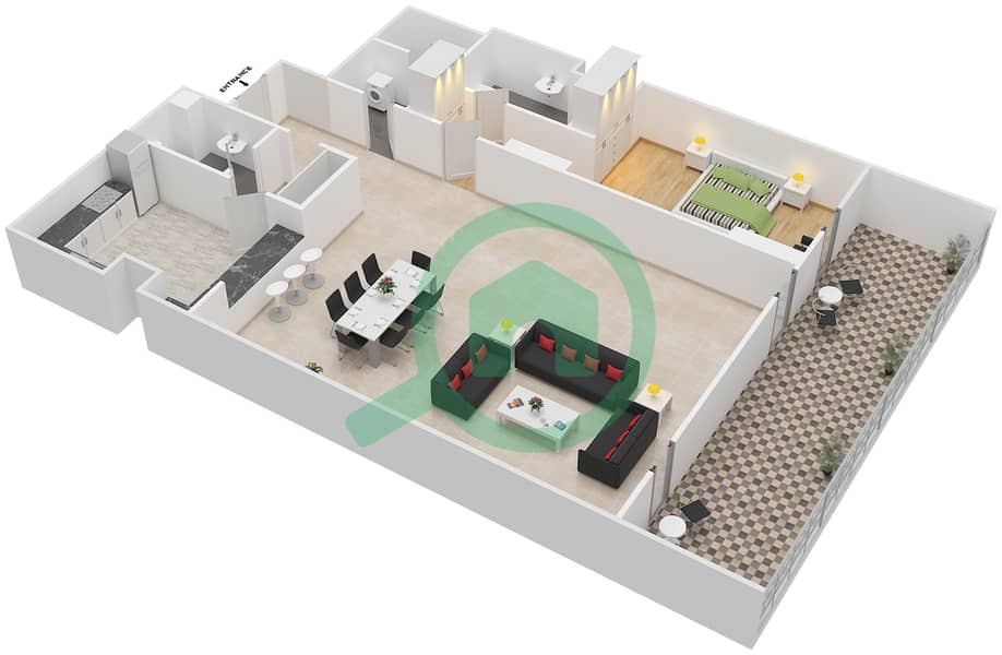المخططات الطابقية لتصميم النموذج K شقة 1 غرفة نوم - أمبر interactive3D