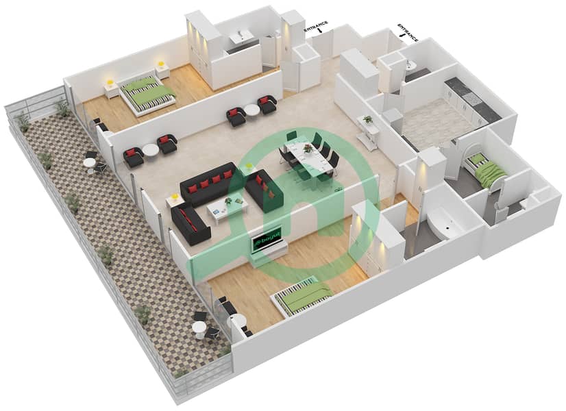 琥珀公寓大楼 - 2 卧室公寓类型L戶型图 interactive3D