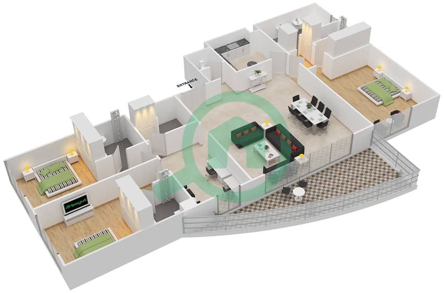 المخططات الطابقية لتصميم النموذج A شقة 3 غرف نوم - أمبر interactive3D