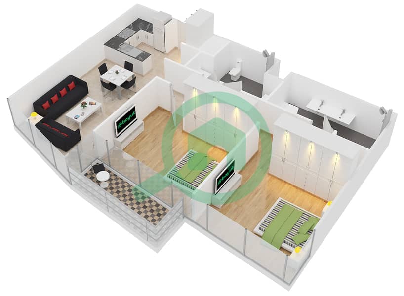 المخططات الطابقية لتصميم النموذج / الوحدة 21 / UNIT 04 شقة 2 غرفة نوم - العنوان رزيدنسز دبي أوبرا برج 2 Unit 4
Floor 03-13,16-30&33-44 interactive3D