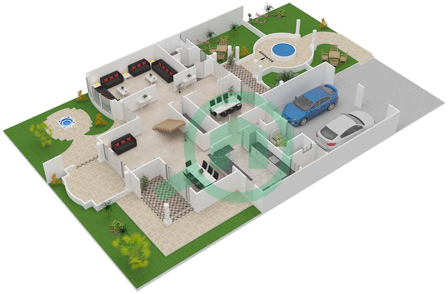 المخططات الطابقية لتصميم النموذج A فیلا 3 غرف نوم - كانال كوف سعفة D Ground Floor interactive3D