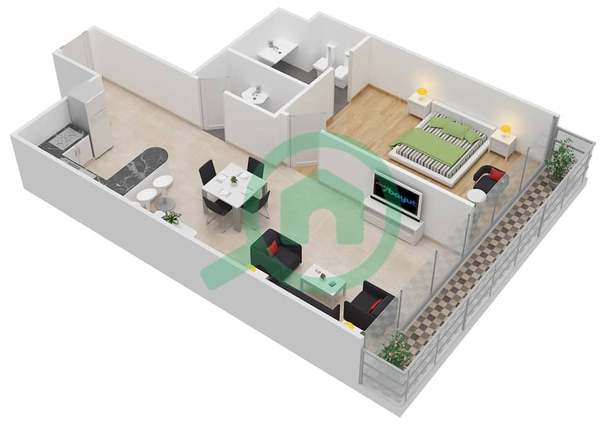 المخططات الطابقية لتصميم الوحدة 3 شقة 1 غرفة نوم - أبر كرست interactive3D