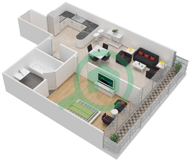 至尊顶峰大厦（高塔露台） - 1 卧室公寓单位4戶型图 interactive3D