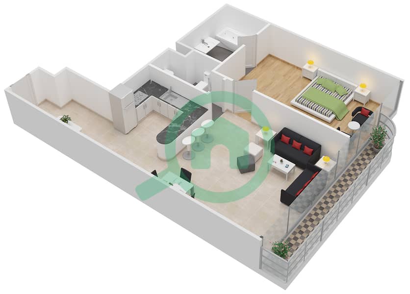 المخططات الطابقية لتصميم الوحدة 5 شقة 1 غرفة نوم - أبر كرست interactive3D