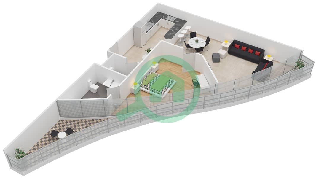 至尊顶峰大厦（高塔露台） - 1 卧室公寓单位6戶型图 interactive3D