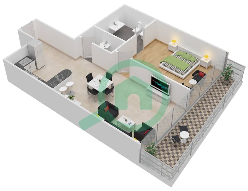 Upper Crest (Burjside Terrace) - 1 Bedroom Apartment Unit 9 Floor plan interactive3D