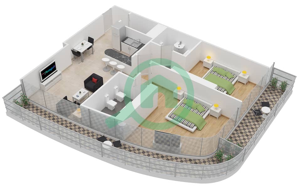 المخططات الطابقية لتصميم الوحدة 1 شقة 2 غرفة نوم - أبر كرست interactive3D