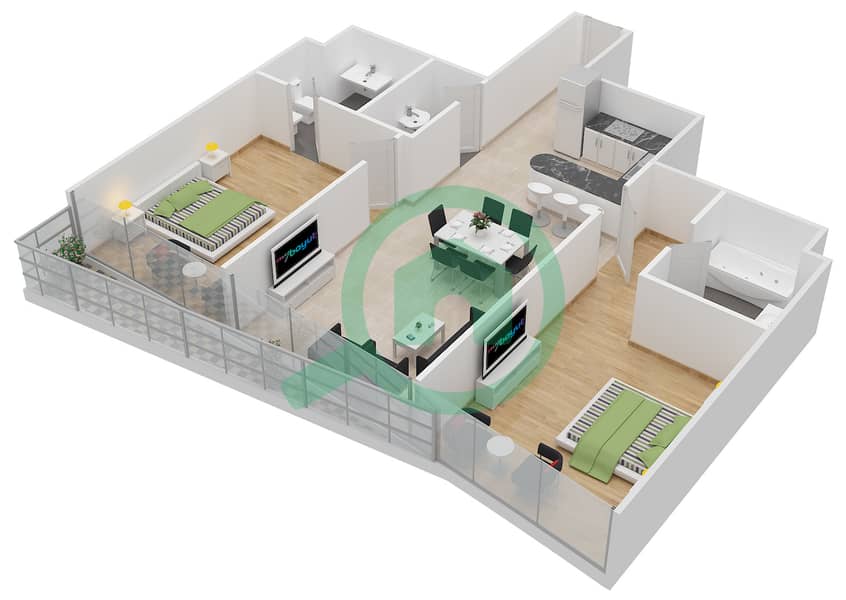 Upper Crest (Burjside Terrace) - 2 Bedroom Apartment Unit 10 Floor plan interactive3D