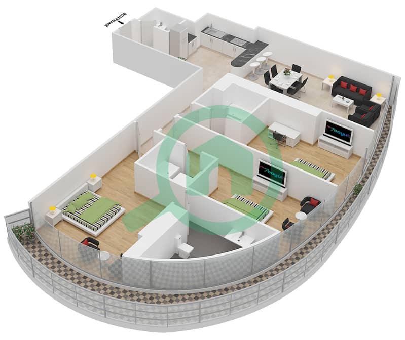 Upper Crest (Burjside Terrace) - 3 Bedroom Apartment Unit 7 Floor plan interactive3D