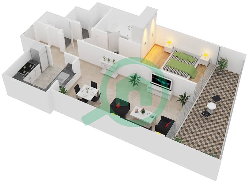المخططات الطابقية لتصميم الوحدة 2 FLOOR 8-23 شقة 1 غرفة نوم - آر بي هايتس interactive3D