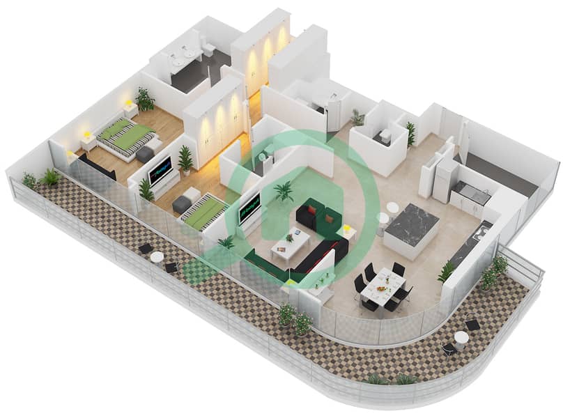 المخططات الطابقية لتصميم الوحدة 1 FLOOR 43 شقة 2 غرفة نوم - آر بي هايتس interactive3D