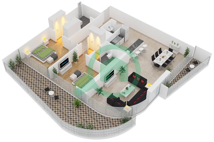 RP大厦 - 2 卧室公寓单位2 FLOOR 25-42戶型图 interactive3D
