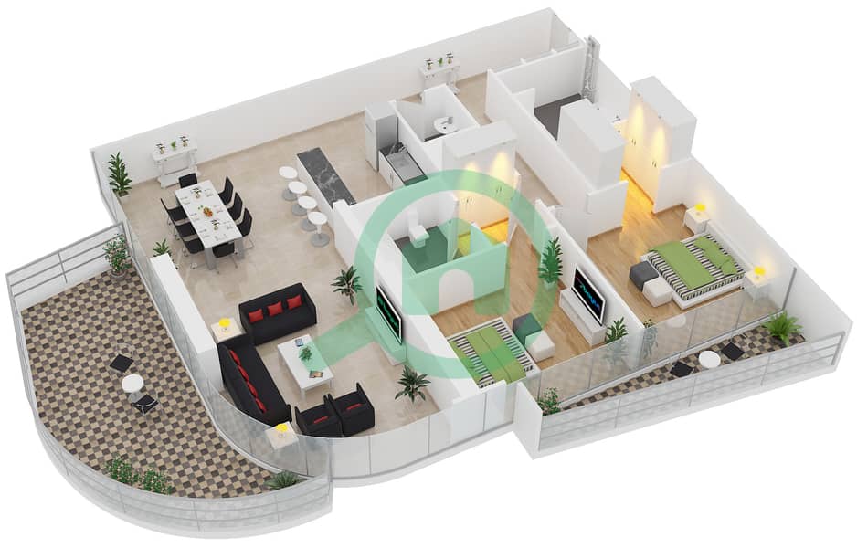 المخططات الطابقية لتصميم الوحدة 3 FLOOR 25-42 شقة 2 غرفة نوم - آر بي هايتس interactive3D