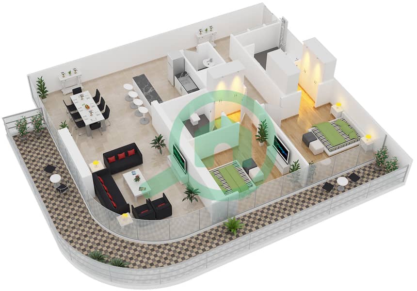 Арпи Хайтс - Апартамент 2 Cпальни планировка Единица измерения 3 FLOOR 43 interactive3D